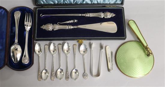 Mixed items including a cased Victorian silver christening fork and spoon, silver spoons and fruit knife etc.
